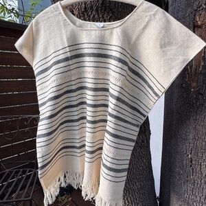 Mexican Huipil Style Poncho Top Cream Black Stripe Fringe Boho